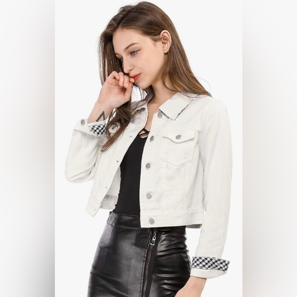 Allegra K Women's White Denim Cropped Jean Jacket Plaid Trim Sz M New with Tags